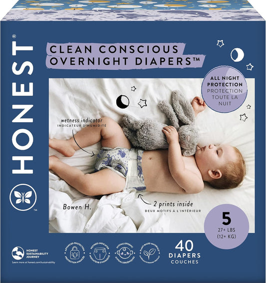 The Honest Company Clean Conscious Overnight Diapers for Sensitive Skin | Hypoallergenic, Fragrance Free | Cozy Cloud + Star Signs | Club Box, Size 5 (27+ lbs), 40 Count