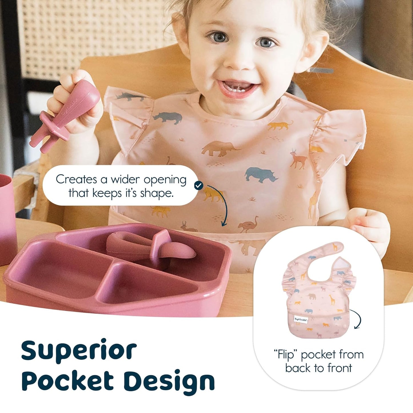 Tiny Twinkle Mess Proof Baby Bibs for Eating - Waterproof, Wipeable Bibs - Toddler Bibs - Travel Friendly - PFAS, PVC, BPA, Phthalate Free - Baby Food Bibs(3 Pack,Petite Safari)