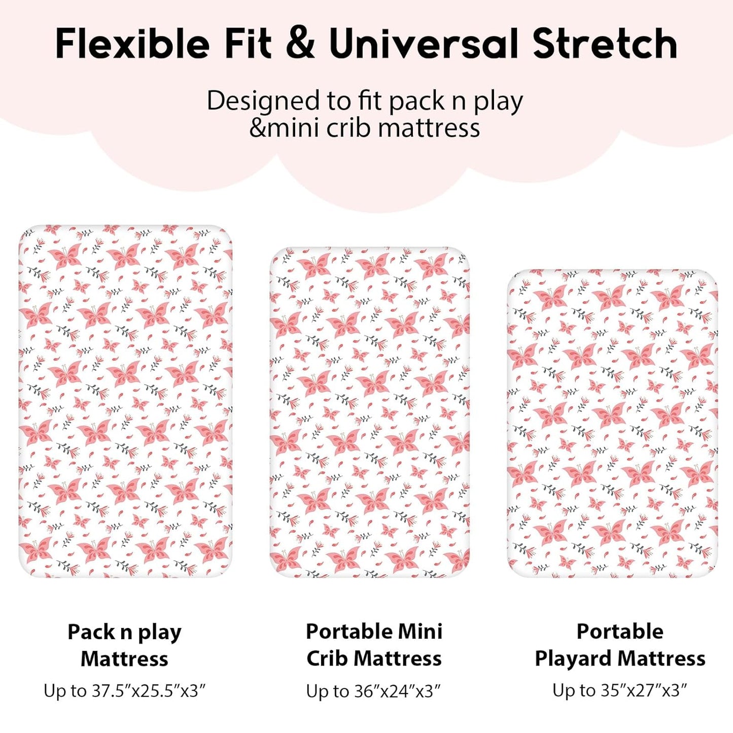 Yoofoss Pack and Play Sheets Fitted, Mini Crib Sheets 2-Pack for Pack N Play Mattress, Stretchy Playard Sheet, Soft and Breathable (Pink + Butterflies)