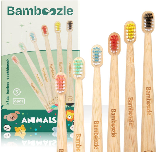 Bamboozle Eco-Friendly Animal Toothbrushes for Kids - Sustainable Bamboo Design, Biodegradable & Stylish Oral Care Solution, Animal Design, Pack of 6