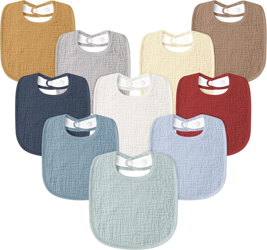 Susurration Muslin Baby Drool Bibs 10Pack Soft Square Adjustable Bandana Bibs for Unisex Baby Girls & Boys