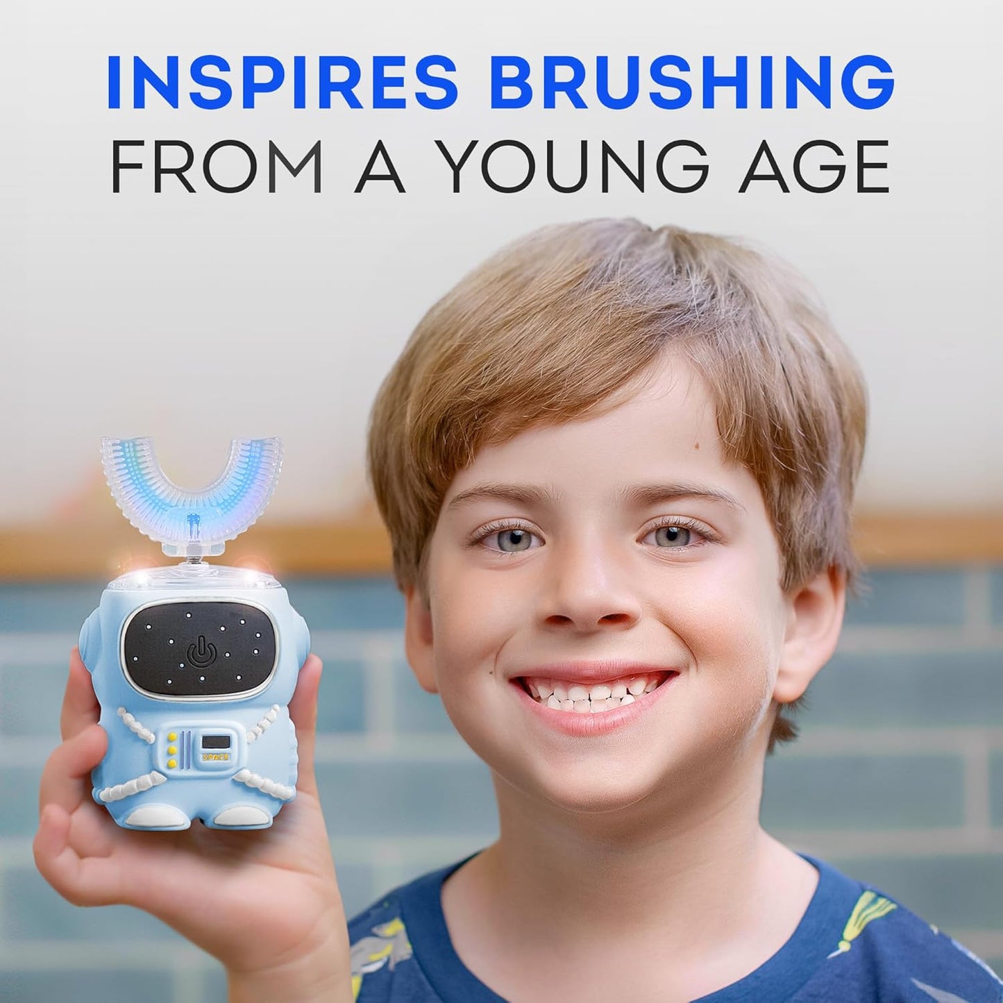 Bendi Kids U-Shaped Electric Toothbrush Ages 2-7 – 360° Mouthguard Design with Memory, 5 Brushing Modes & Multiple Heads Soft Silicone Auto Toothbrush for Toddlers & Children – Travel-Friendly (Blue)