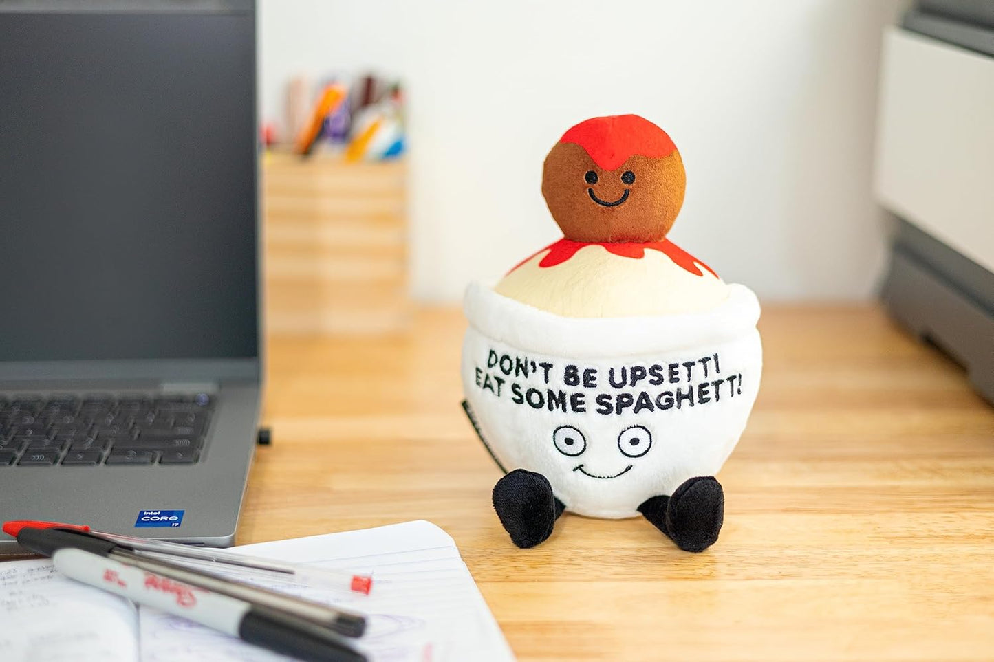 Spaghetti Foodie Plushie, Funny Pun Meme Gag Gift, White Elephant, Stocking Stuffer Present, Great for Emotional Support, Fun Desk Accessory, Weighted Base for Display