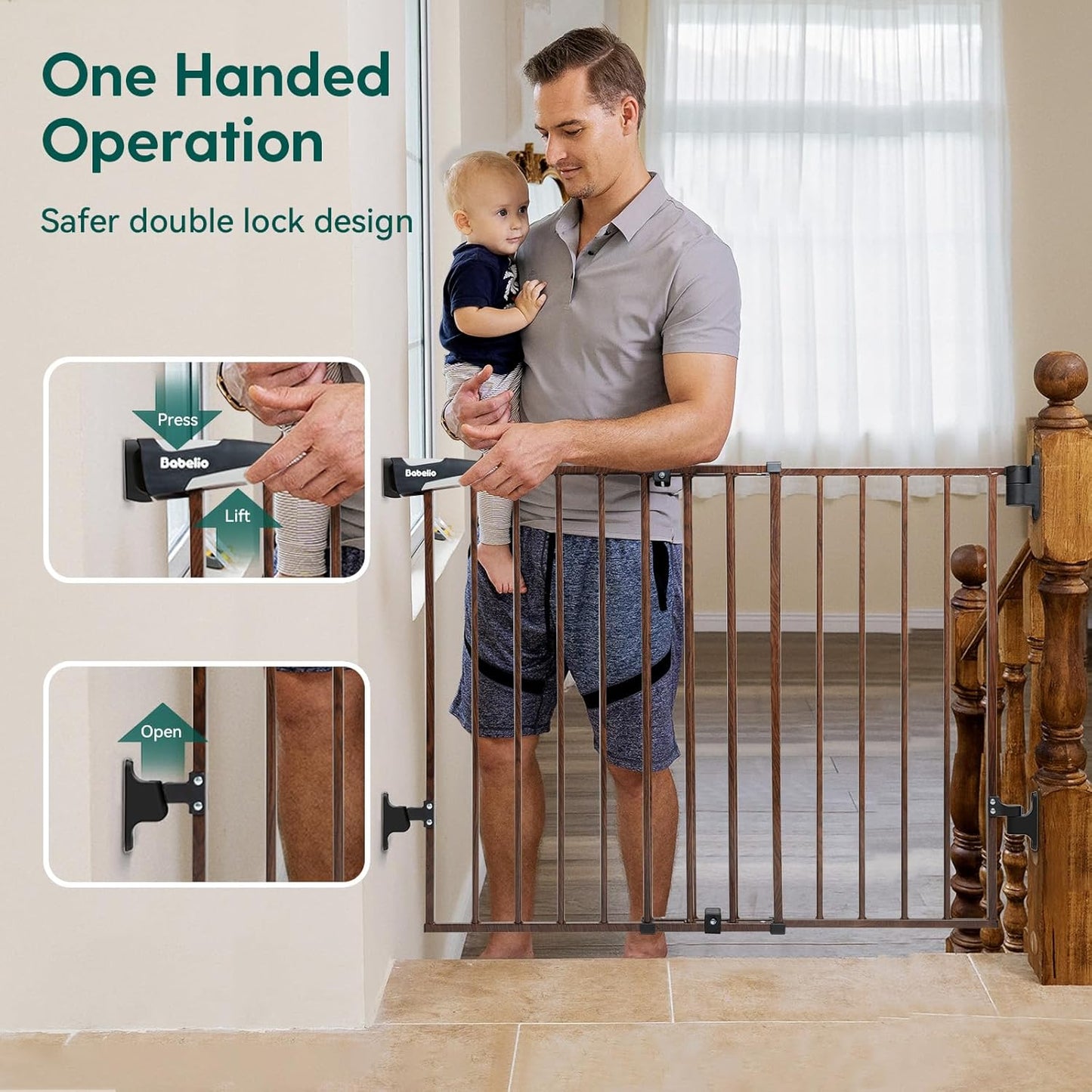 Babelio 34" Extra Tall Baby/Dog Gate with No Threshold Design Walk Thru Door, 26-43" Auto Close Safety Gate for Babies, Elders and Pets, Fits Doorways, Stairs, and Entryways, Black Wood Pattern