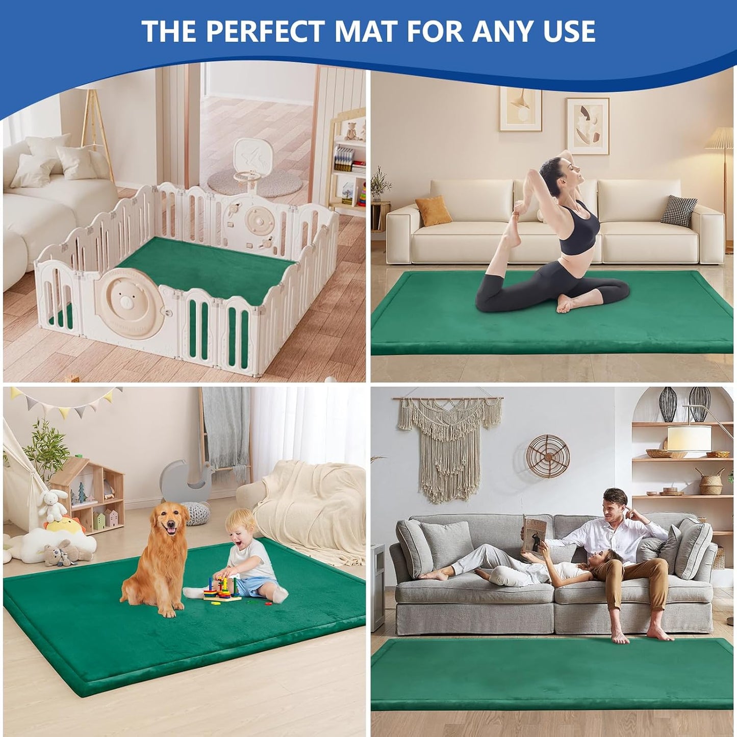 Baby Play Mat for Floor,1.3" Thick Memory foam Tummy Time Mat for Toddlers,Infants,kids,Water-Repellent Soft Nursery Rug,Extra Large Non Slip for Crawling&Yoga,Tatami Style for Living Room(Dark Green)