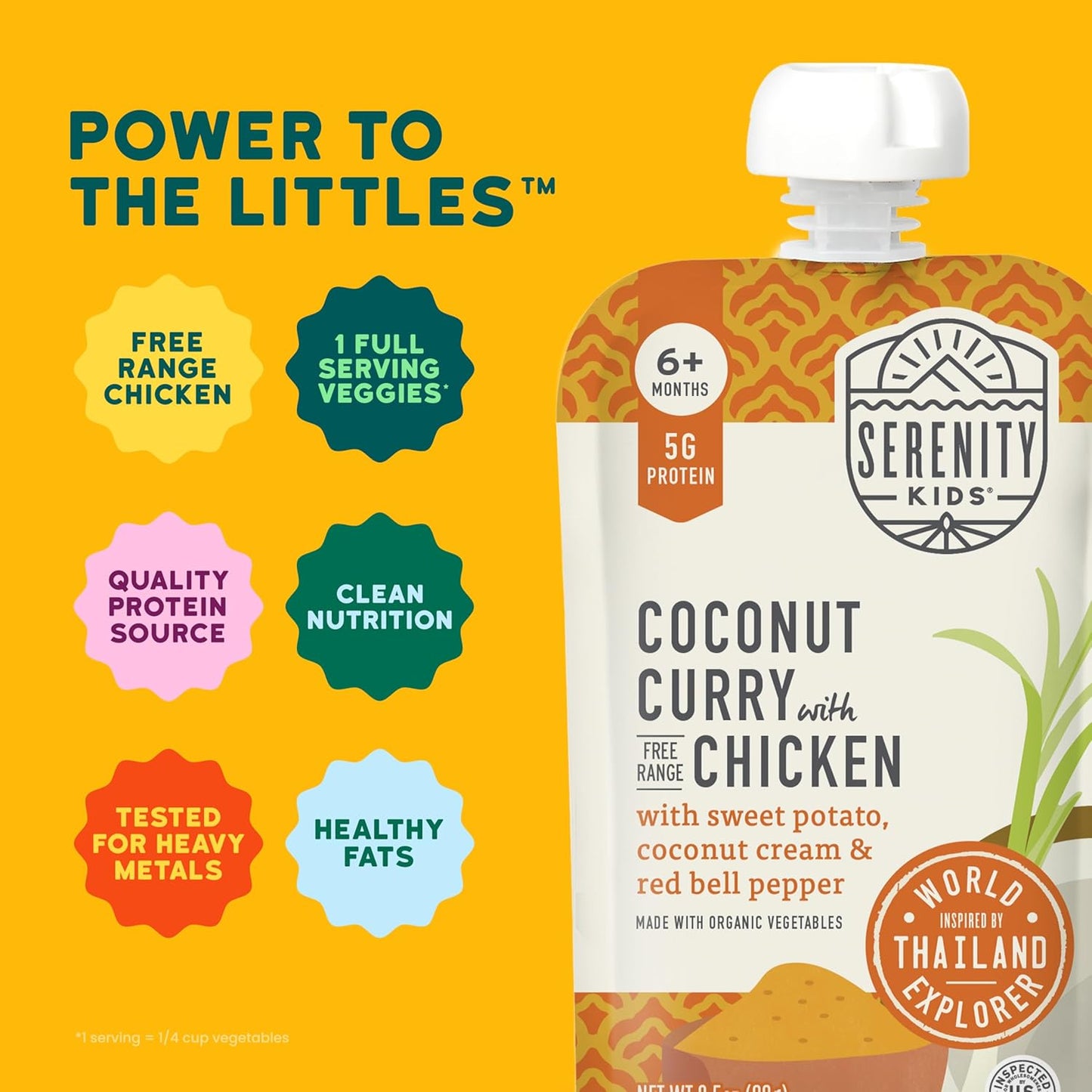 Serenity Kids 6+ Months World Explorers Coconut Curry Chicken Baby Food Pouch - BPA-Free Pouches - Ethically Sourced Meats & Organic Veggies - GMO-Free Savory Blend - 3.5 Oz, 12 Pack