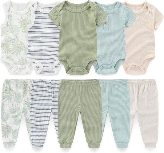 Baby Boy Girl 10 Piece Combined Type Clothing Set Cotton Baby Bodysuits and Pants Set Home Outdoor Infant Clothes