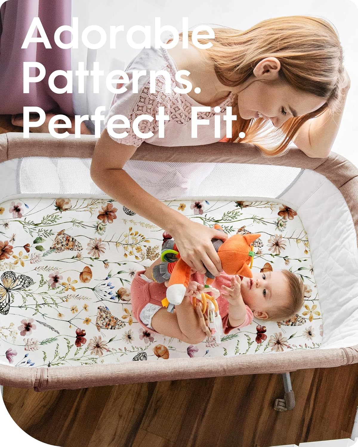 Pack N Play Sheets Fitted, TotBasic Ultra Soft Flower Mini Crib Sheets, Premium Jersey Knit Pack and Play Sheets Girl, Stretchy Play Yard Sheets for Pack and Play Mattress, 2 Pack (Flower Butterfly)