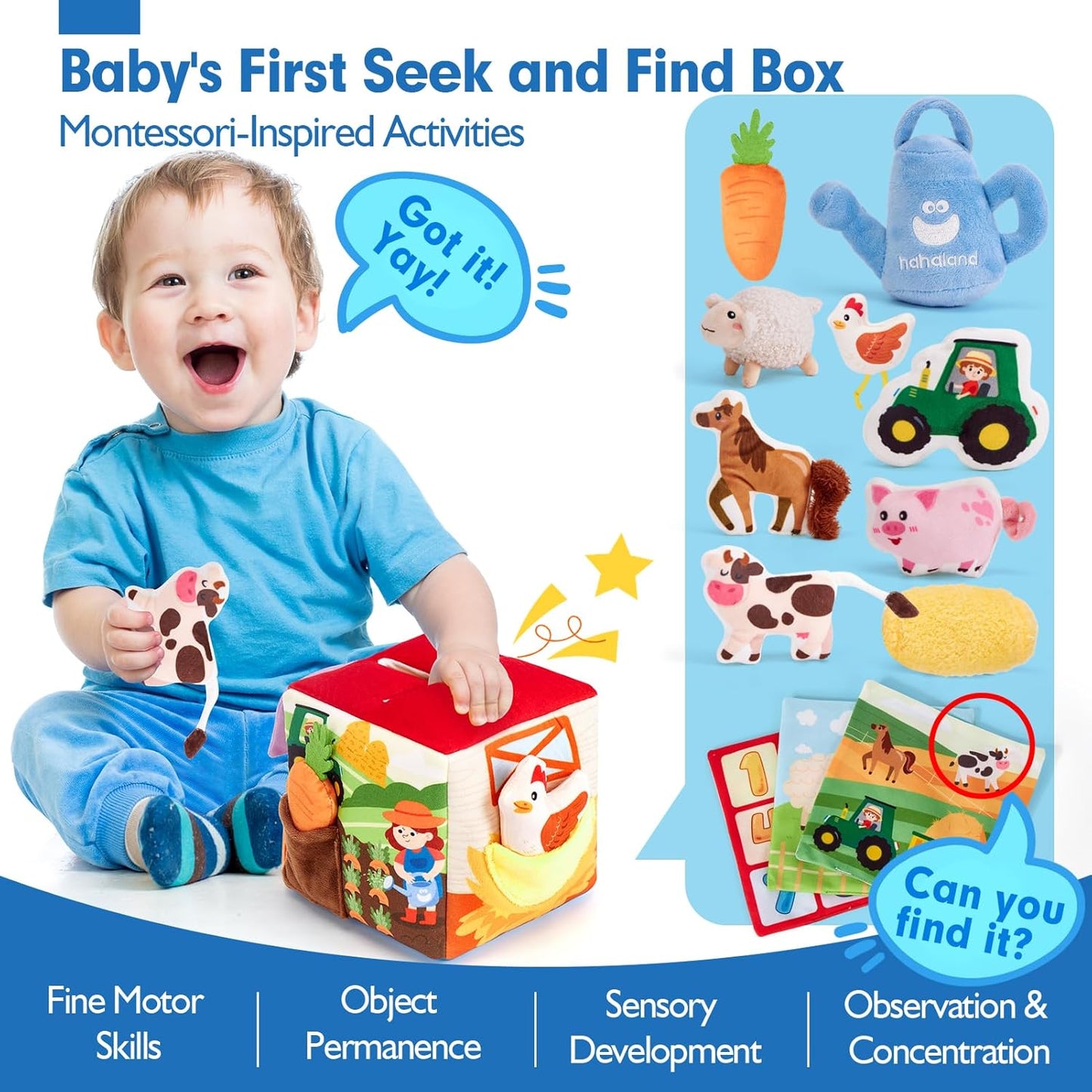 hahaland Baby Seek and Find Sensory Farm Animals Plush - 13 PCS Whats Inside Box with Rattle, Crinkle, Squeaker, Mirror, Texture, 9 Month Old Baby Toys 6-12-18 Months, Montessori Toys for 1 Year Old