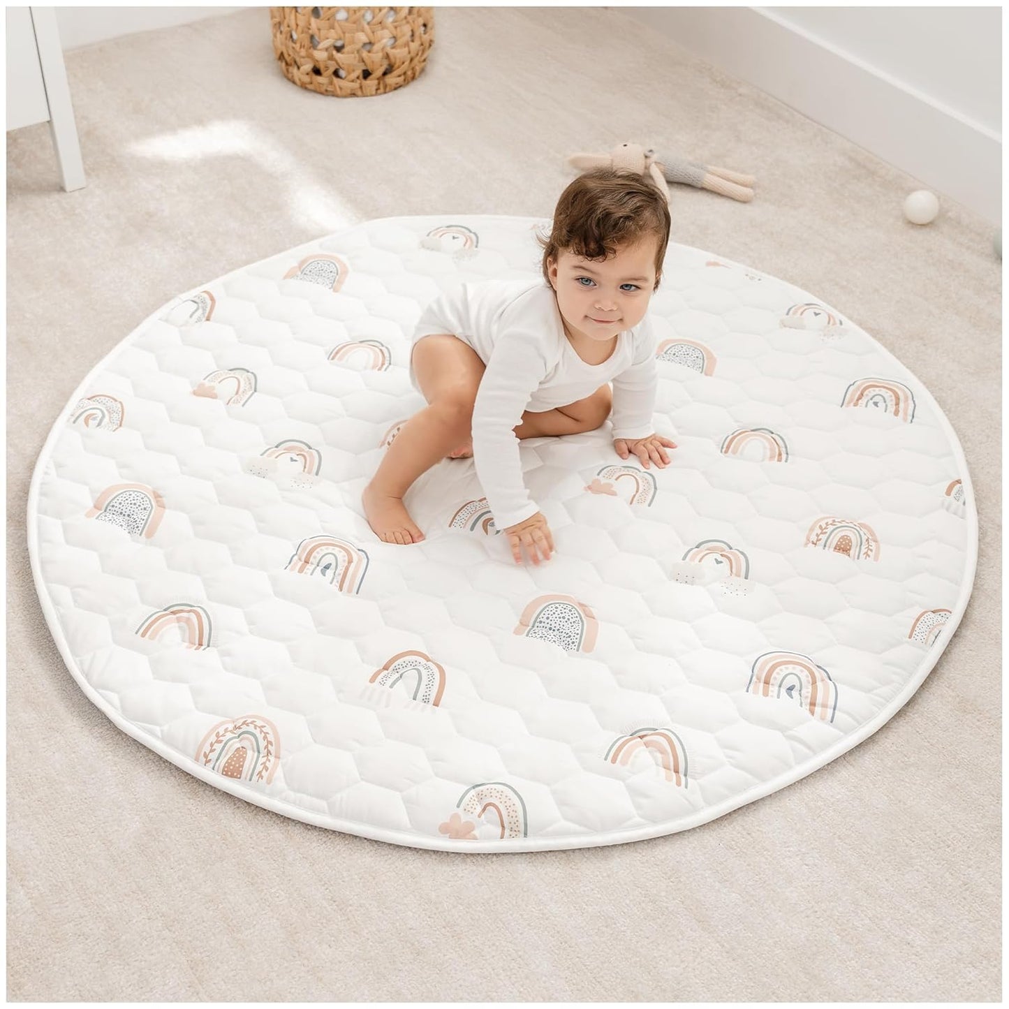 Comfy Cubs Round Kids Play Mat - Medium 48 inches Soft Quilted Baby Floor Mat with Non-Slip Bottom - Plush Design for Toddlers' Playtime and Relaxation - Comfortable and Durable - Rainbow