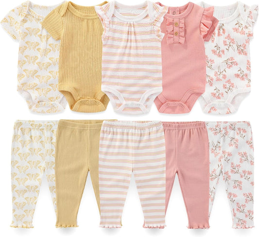 Baby Boy Girl 10 Piece Combined Type Clothing Set Cotton Baby Bodysuits and Pants Set Home Outdoor Infant Clothes