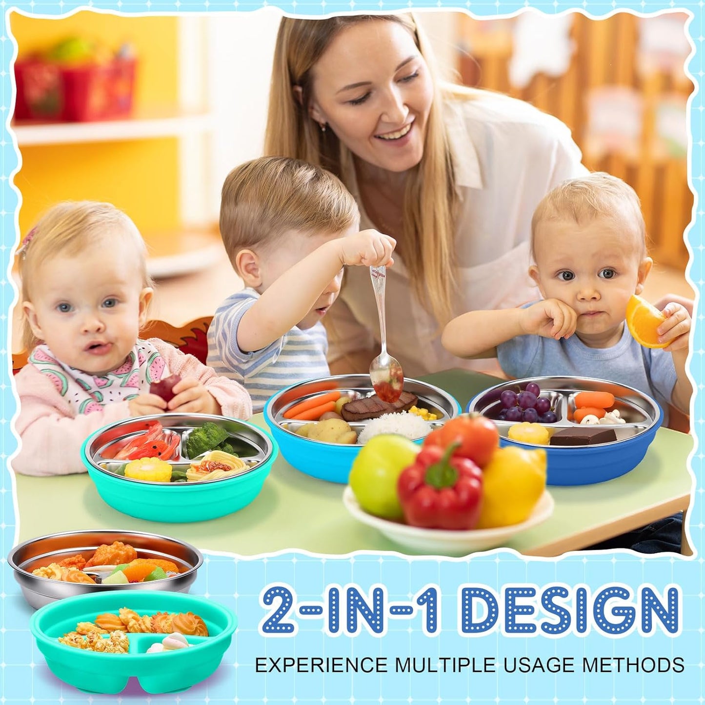 Nuogo 3 Pcs Stainless Steel Baby Suction Plates with Removable Silicone Shell 2-in-1 Metal Toddler Bowl Divided for Picky Eaters Kid Feeding Led Weaning Supply, Dishwasher Safe (Blue Series)