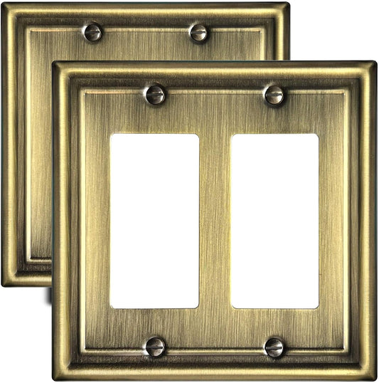 Double Decorator Wall Plates,Metal Electrical Outlet Covers for Receptacles, Dimmer Switches, GFCI Outlets, Antique Brass, 2-Gang, 2 Pack