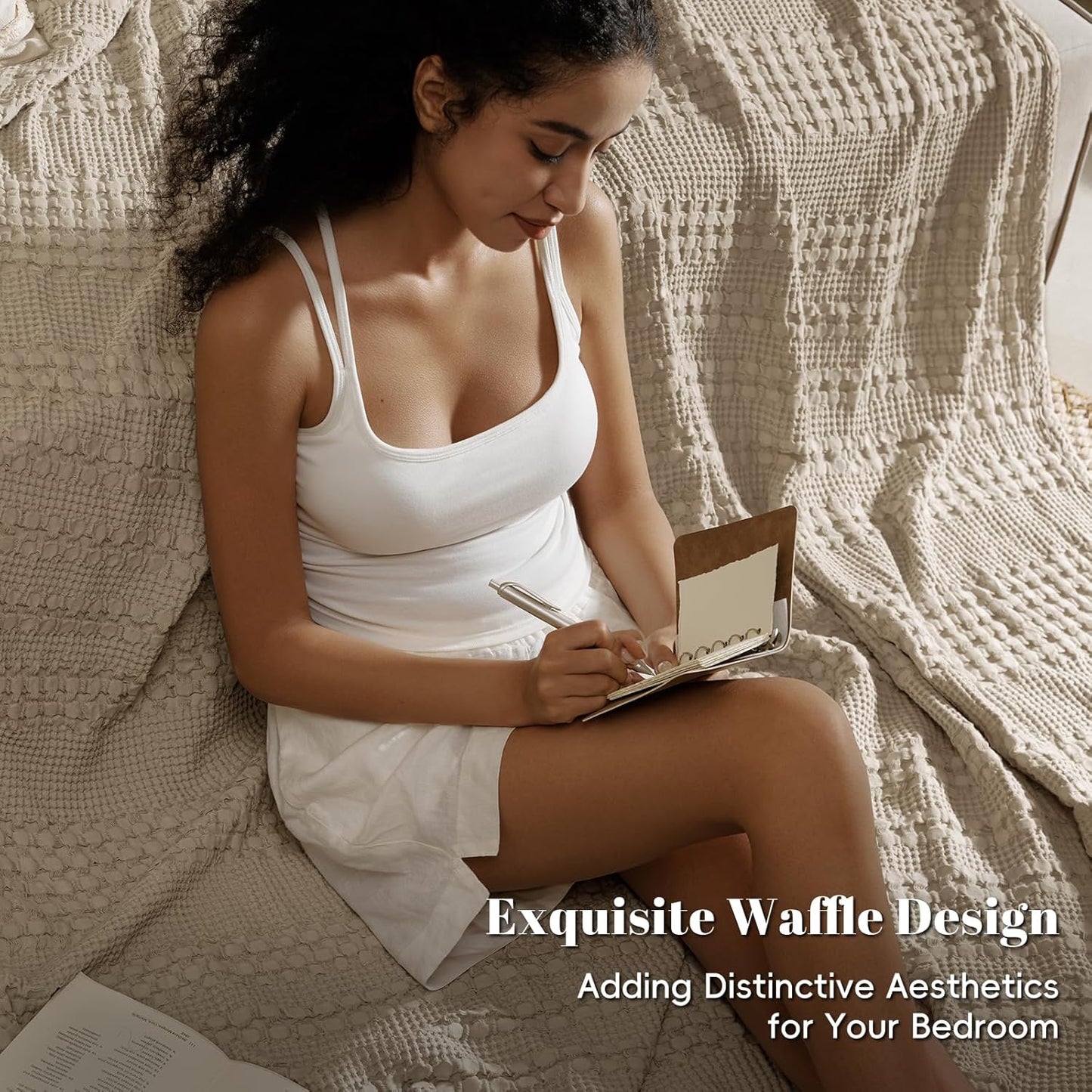 PHF 100% Cotton Waffle Weave Blanket Twin Size, Soft Lightweight Breathable Cozy Summer Blankets for Bed, Luxury Aesthetic Woven Bedding for Home Decor, 66"x90", Simply Taupe