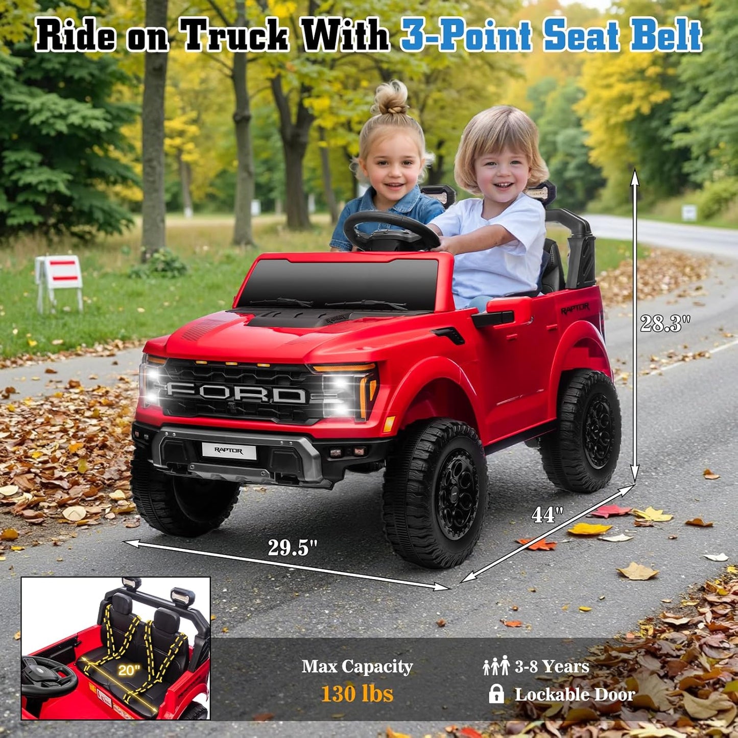 24V Ride on Car Licensed Ford F-150 Raptor, Kids Electric Car with Remote Control, LED Light/Music/MP3, Truck Bed Storage, 3-Point Seat Belt (24V, Red)