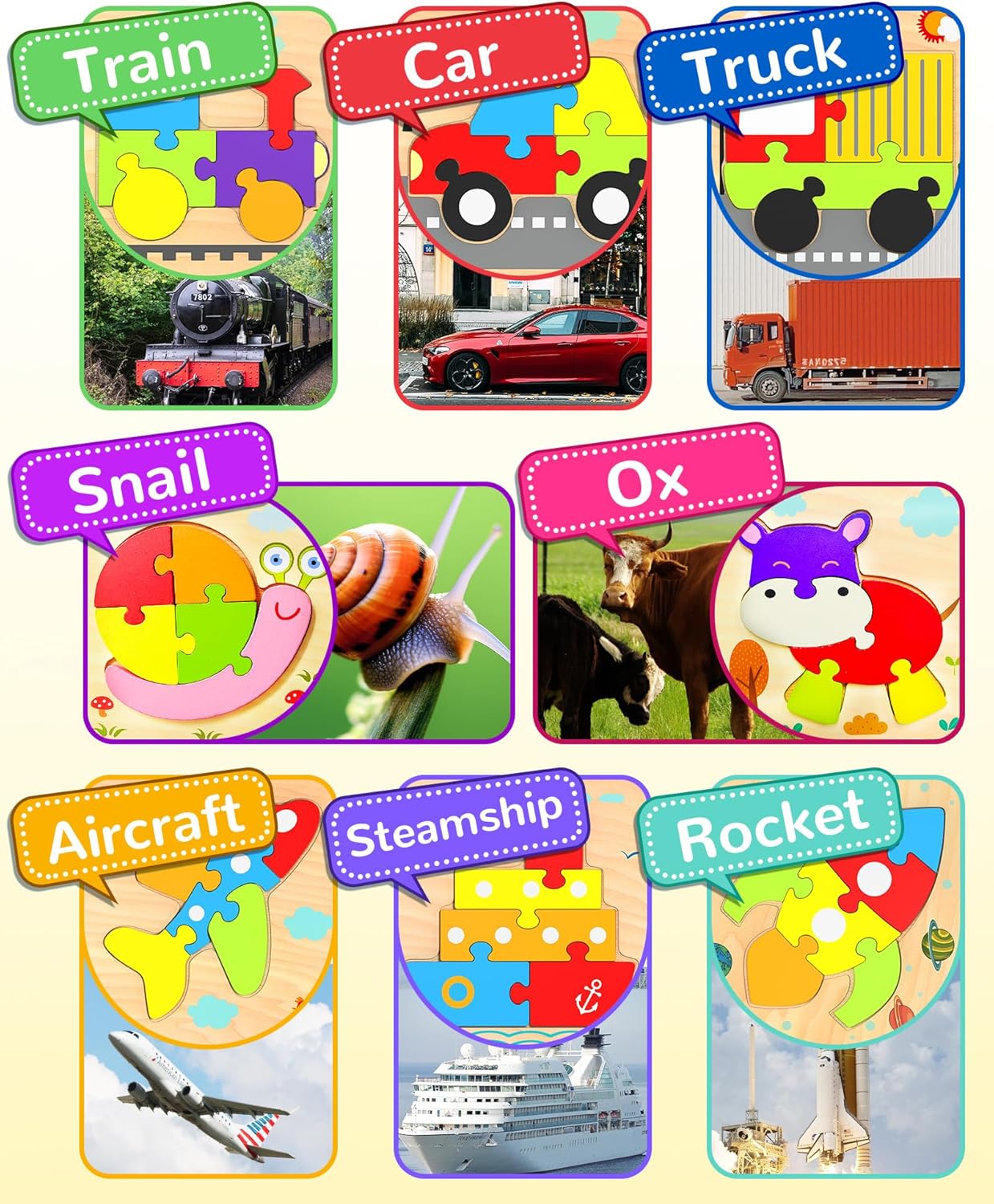 Yetonamr Wooden Toddler Puzzles Gifts Toys for 1 2 3 Years Old Boys Girls, 8 Vehicle Shape Montessori Toy Educational Blocks Kids Toys Gift Baby Learning Toy Age 1-3, 2-4