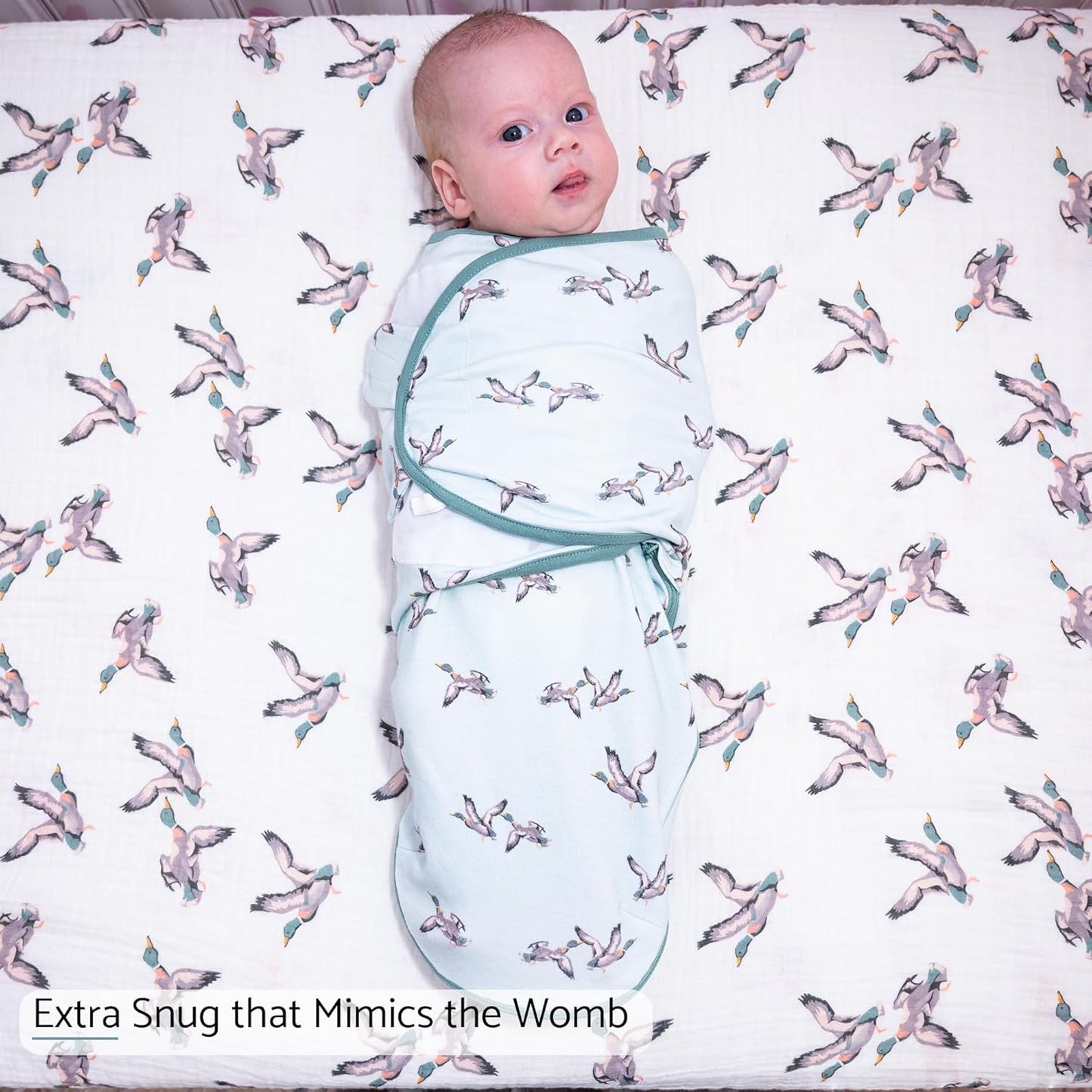 LollyBanks Baby Swaddles, 100% Organic Cotton Swaddle for Newborns Boys and Girls, 0-3 Months Swaddle Sacks with Easy Change Zipper, Newborn Swaddle Baby Registry (Mallard Duck Print)