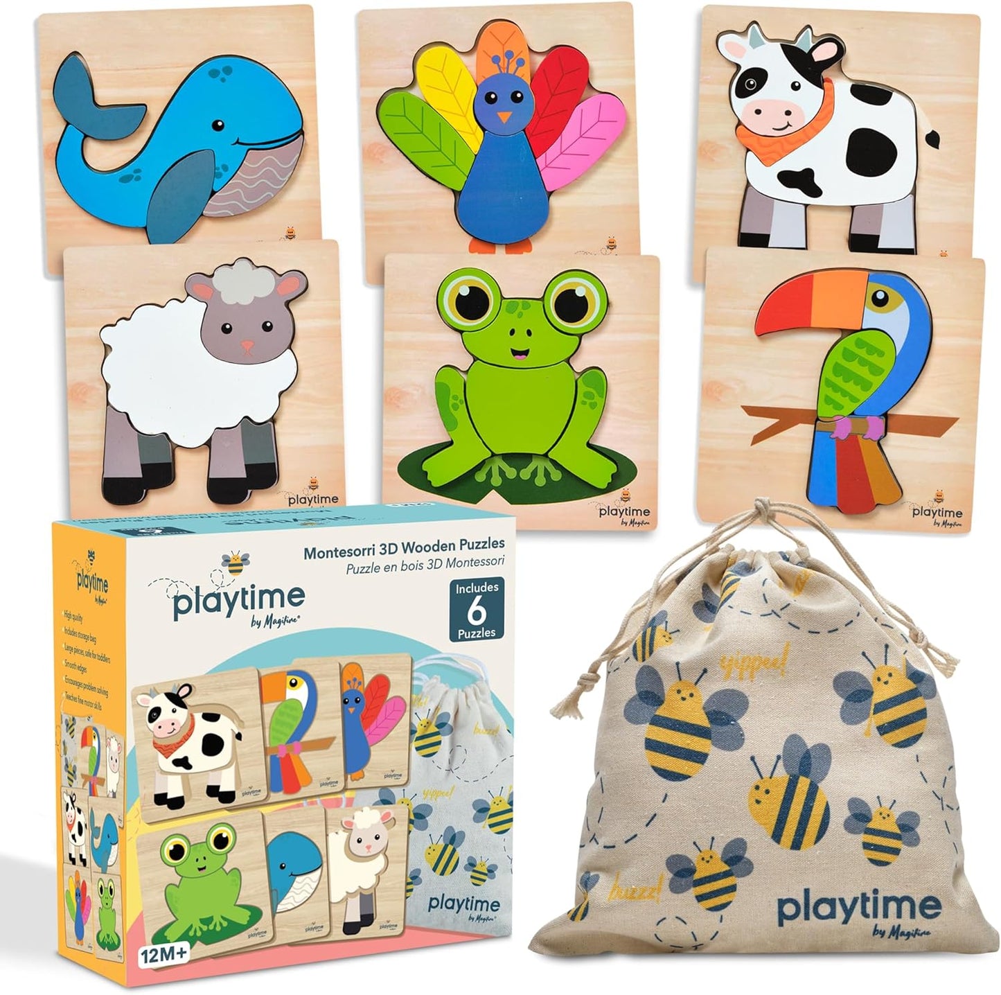 MAGIFIRE Wooden Puzzles for Toddlers 1-3 - 6-Pack Multicolor Cartoon Animal Puzzle Set - Large Easy-Grip Pieces for Small Hands with Storage Bag and Box