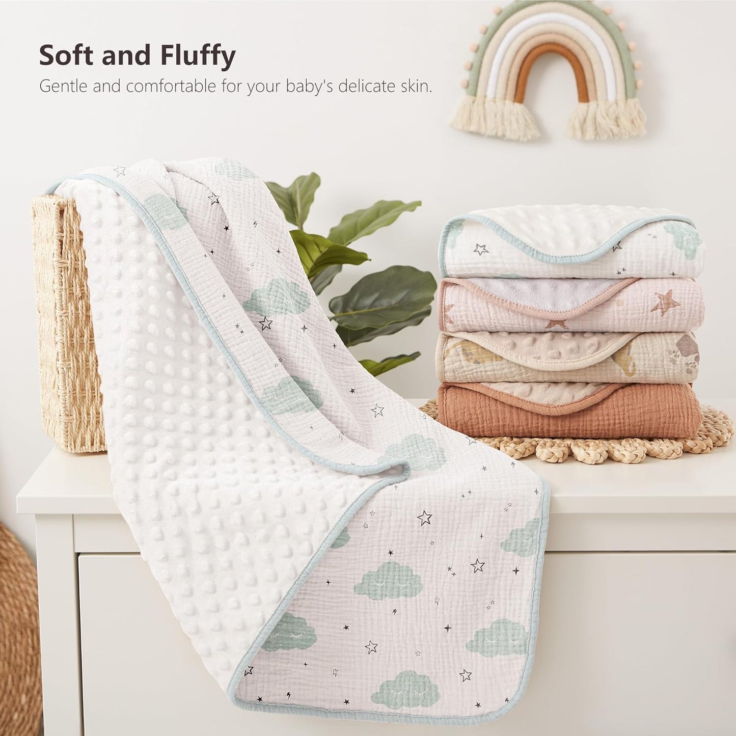 Susurration Baby Blanket for Unisex Boys Girls, Soft Nursery Minky Blanket with Muslin Cotton Front and Dotted Fleece Back, Receiving Blanket for Baby Newborn Infant, 30x40inch (Cloud)