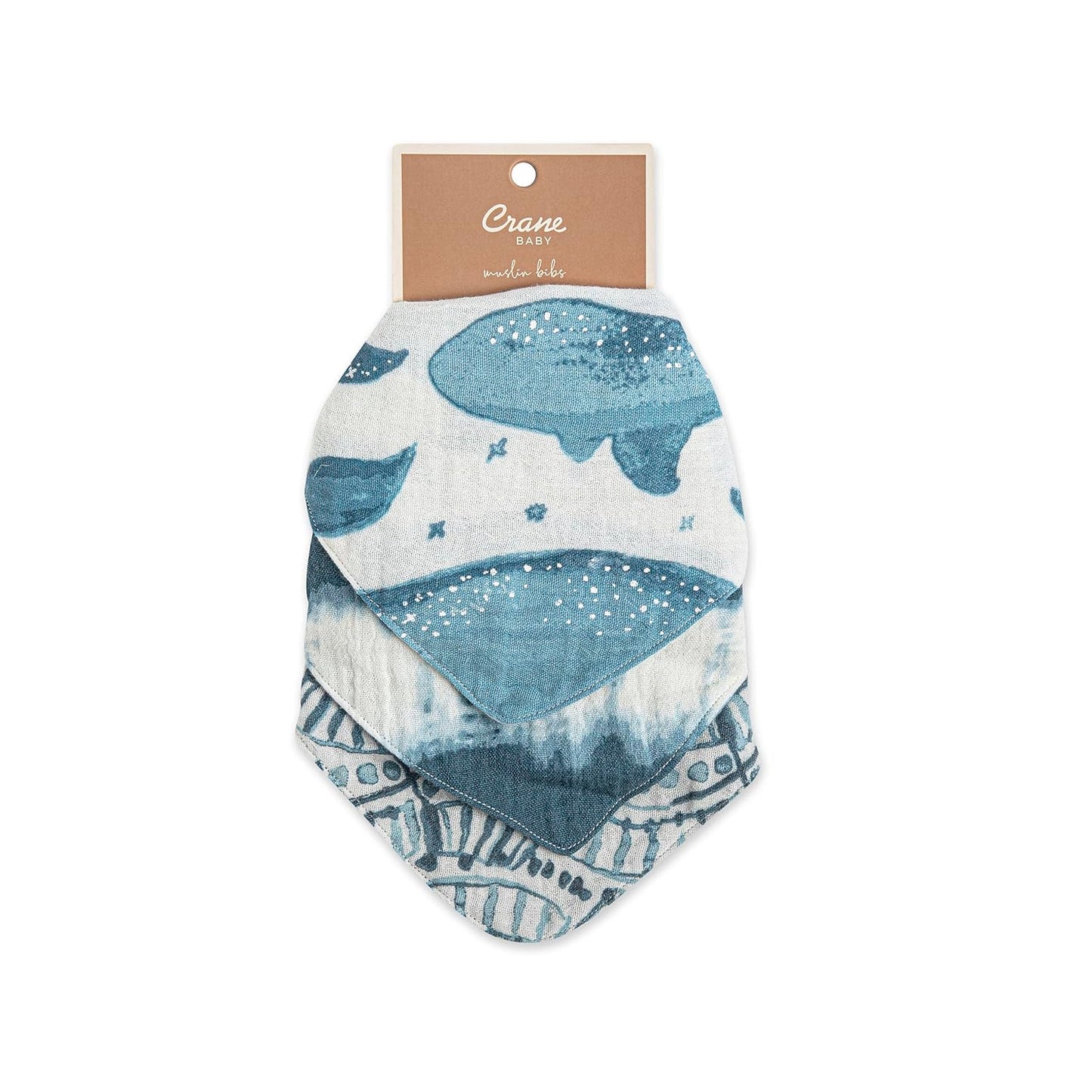 Crane Baby Soft Muslin Baby Bib Set, Adjustable and Absorbent Bandana Style Bibs for Boys and Girls, Whale, 3 Piece, 18.5” x 9”