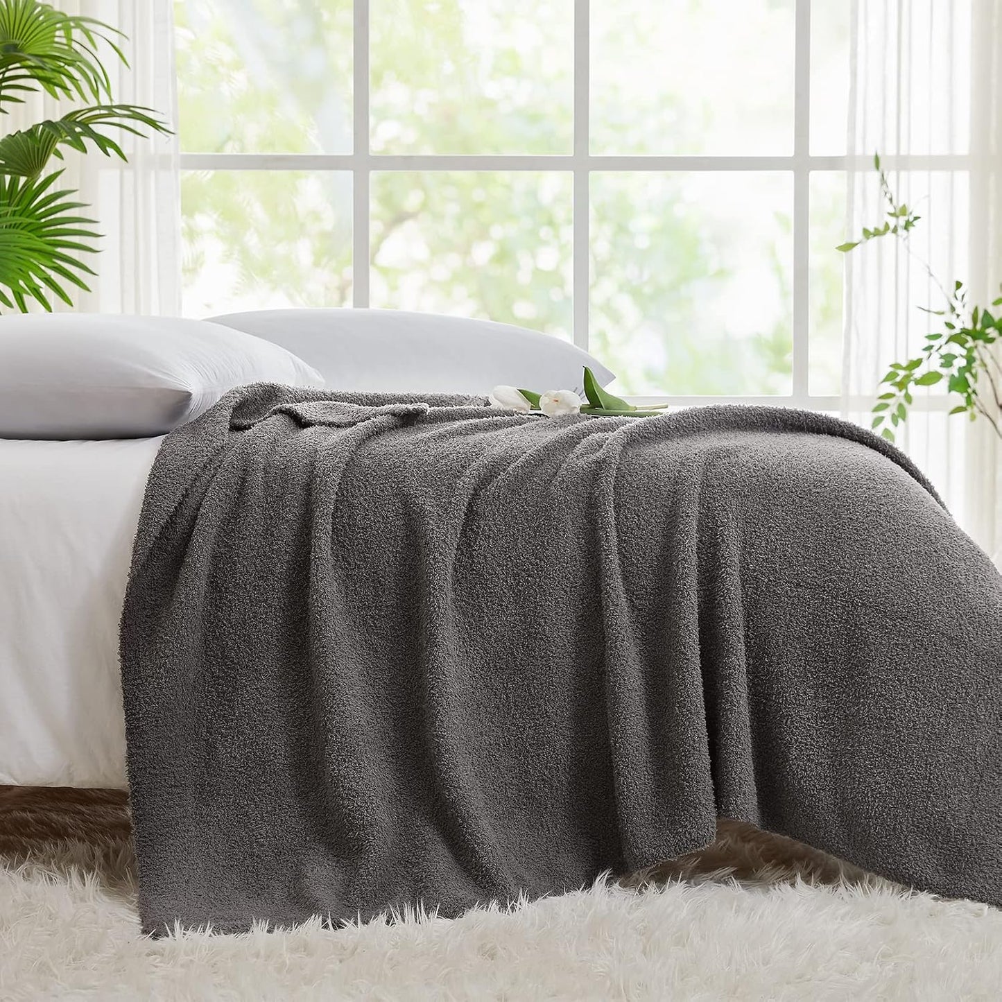CYMULA Super Soft Knit Throw Blanket Twin Size Dark Grey-Lightweight Plush Fuzzy Fluffy Warm Cozy Blankets and Throws for Sofa Bed All Season Use, 60x80 inches