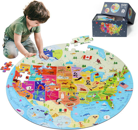 United States Puzzle 70 Pieces USA Map Floor Jigsaw Puzzles for Kids Ages 4-10, Jumbo Round US Geography Puzzle 50 States with Capitals Educational Learning Toys for Boy or Girl