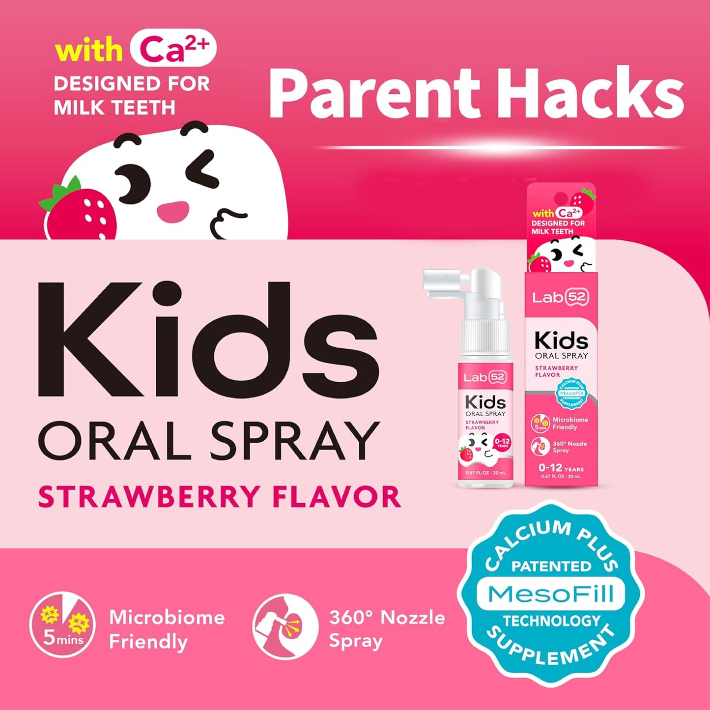 LAB52 Kids Oral Spray, Toddler Toothpaste Helper for Daily Oral Care and Fresh Breath, Children Approved with Fluoride Free for Newborn to Preschoolers, Xylitol Strawberry Flavor