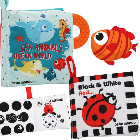 High Contrast Baby Books, Black and White Cloth Crinkle Books for Babies Infant Toys 0-3-6-12-18 Months, Shower Baby Gifts, Teething Teether Sensory Toy for Boys Girls, Fish, 2PCS