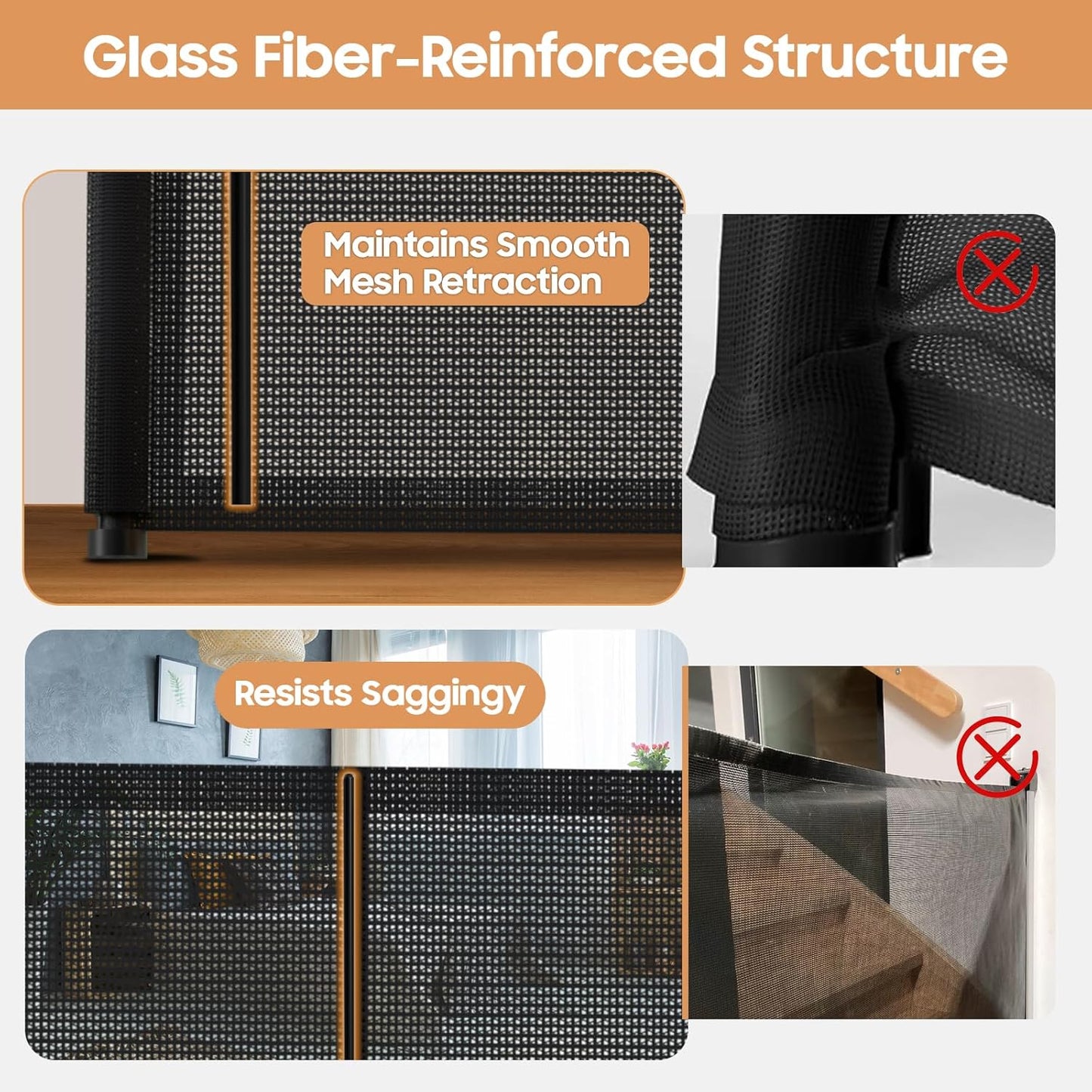 Retractable Baby Gates - 200" Extra Wide Retractable Dog Gate, 42" Extra Tall Mesh Gate Pet Gate with Support Rods, Long Child Safety Gate for Stairs Doorways Indoor Outdoor Large Openings - Black