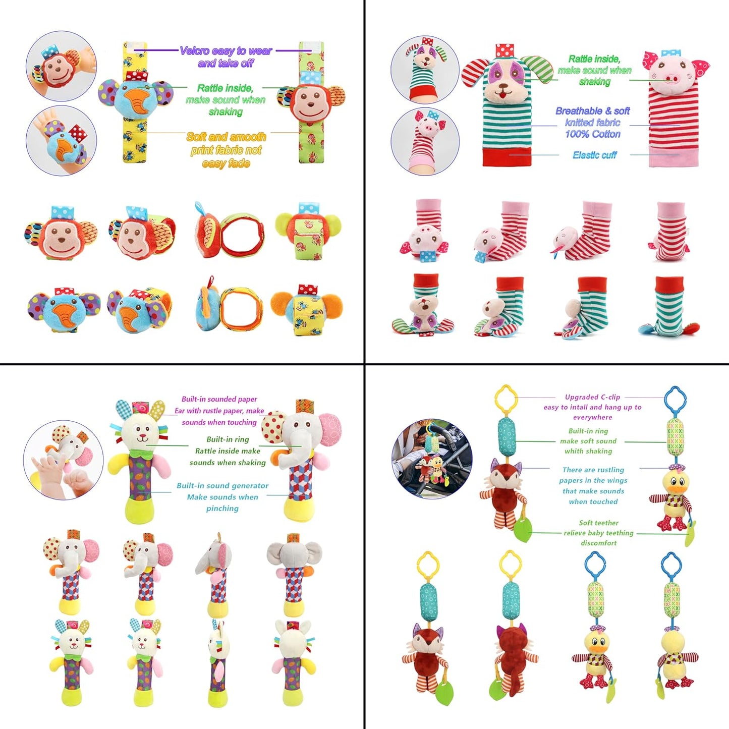 Wrist Rattles Foot Finder Rattle Sock Baby Toy, Hanging Rattle Toy, Hand Bracelet Rattle, Feet Leg Ankle Socks, Activity Rattle Present Gift for Newborn Infant Babies Boy Girl-12pcs A