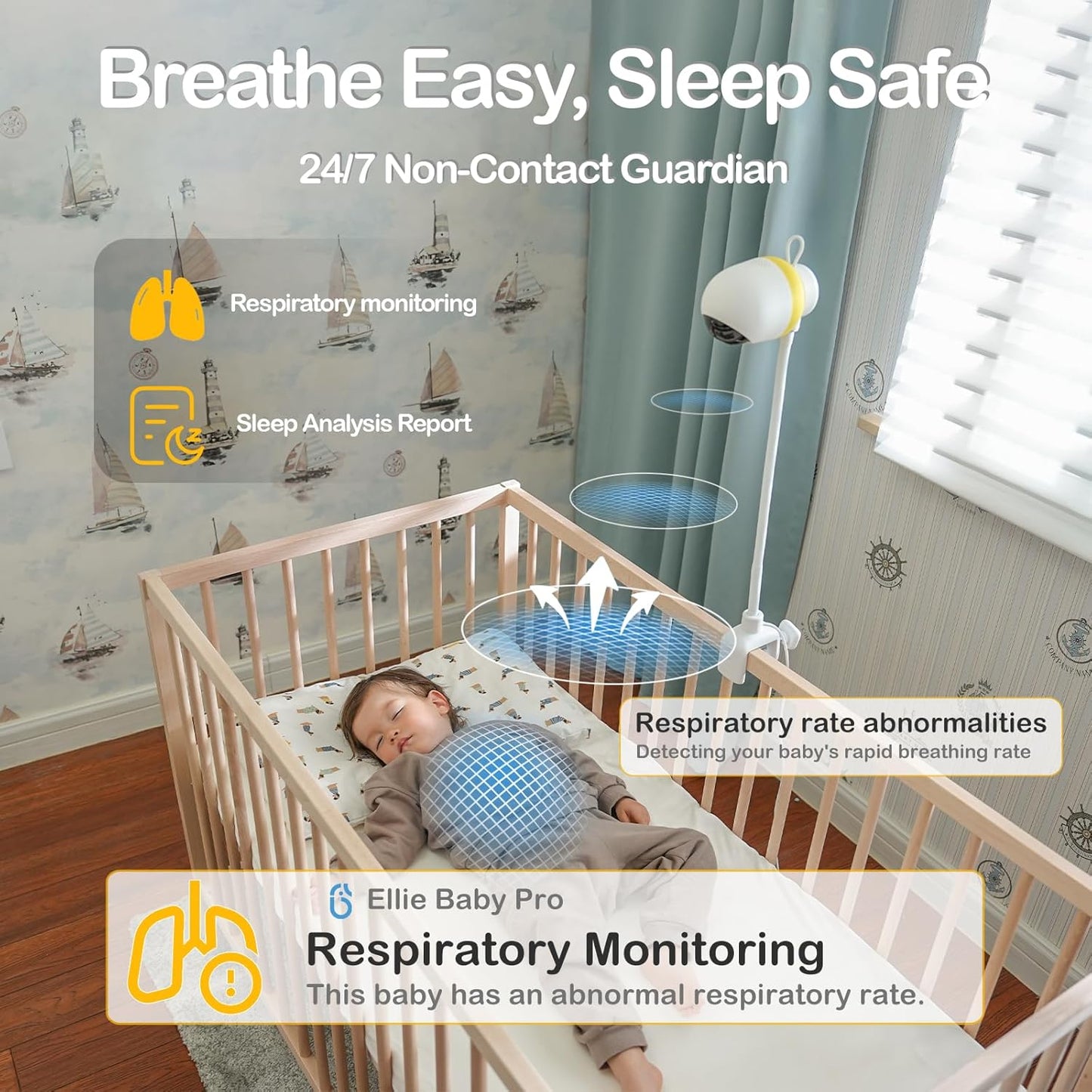 Ellie Pro Baby Monitor with Camera and Audio,5'' IPS 2K UHD Resolution,6000mAh Battery, Remote Pan-Tilt-5X Zoom, 2-Way Talk,No WiFi, Night Vision, Virtual Fence, Breathing Detection and 1000ft Range