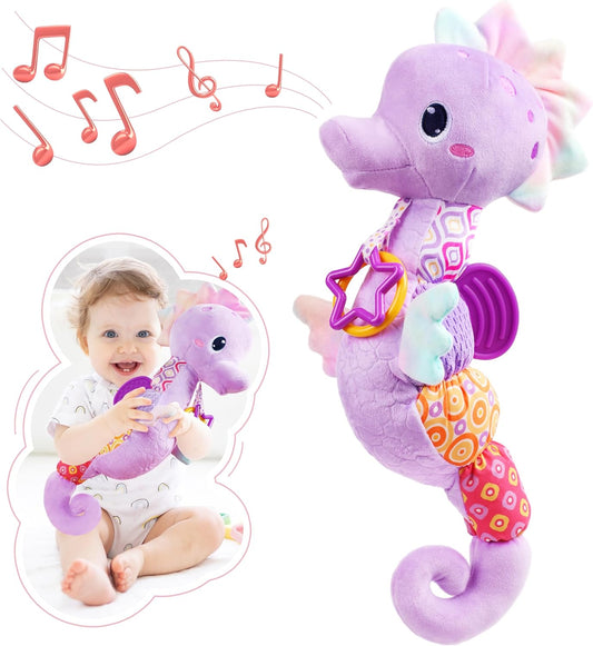 Baby Toys 0-6-12 Months,Musical Stuffed Animals Activity Soft Infant Toys with Multi-Sensory Crinkle, Rattle and Textures,Boys Newborn Baby Girl Toys, Seahorse, Purple