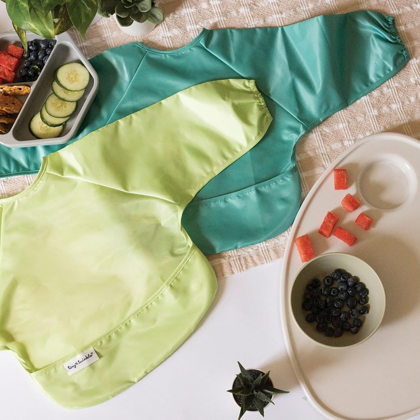 Tiny Twinkle Mess Proof Baby Bibs | 2-Pack Waterproof Smock Baby Bibs for Eating | Machine Washable Long Sleeve Bibs, Baby Led Weaning, Toddler Bibs, BLW Supplies (Rainforest, Small 6-24 Months)