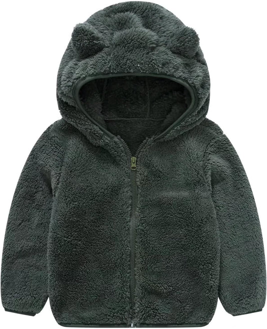 AIWUHE Toddler Boys Girls Hooded Jacket Fleece Hoodie Winter Warm Solid Color Teddy Coat Zip-up Bear Ear Sweater Fall Clothes