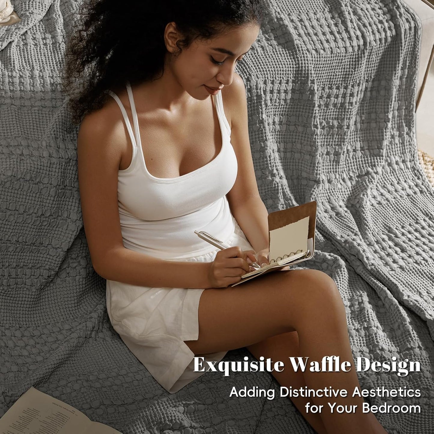 PHF 100% Cotton Waffle Weave Blanket King Size, Soft Lightweight Breathable Cozy Summer Blankets for Bed, Luxury Aesthetic Woven Bedding for Home Decor, 108"x90", Dark Grey