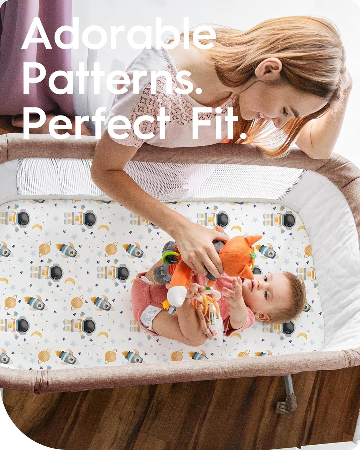 Graco Pack and Play Sheets Fitted, TotBasic Ultra Soft Mini Crib Sheets Boy, Neutral Pack N Play Mattress Sheets Hypoallergenic and Soothing, Premium Jersey Playrad Sheets, 2 Pack(Space Explorer)