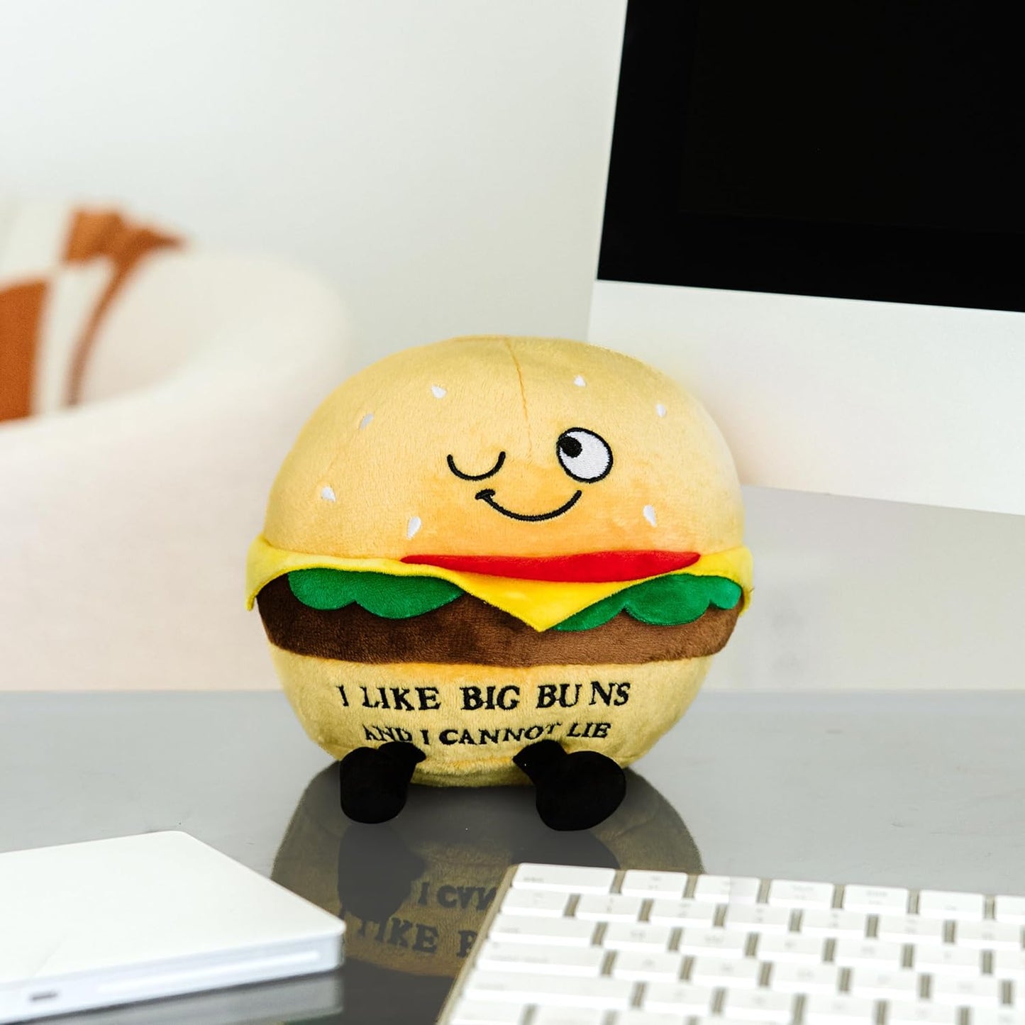 Hamburger Foodie Plushie, Funny Pun Meme Gag Gift, White Elephant, Stocking Stuffer Present, Great for Emotional Support, Fun Desk Accessory, Weighted Base for Display