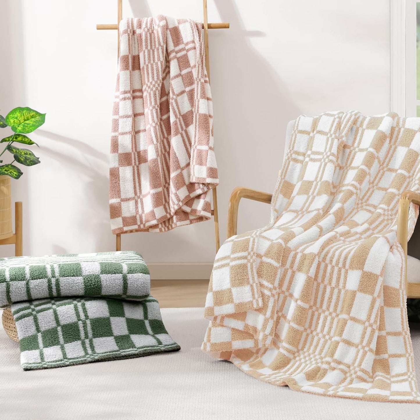 WRENSONGE Checkered Throw Blanket, Toast Almond Soft Cozy Fluffy Warm Hand Made Throw Blankets for Couch, Sofa, Chair, Bed, Camping, Picnic, Travel Lightweight Bed Blanket - 50"*60"