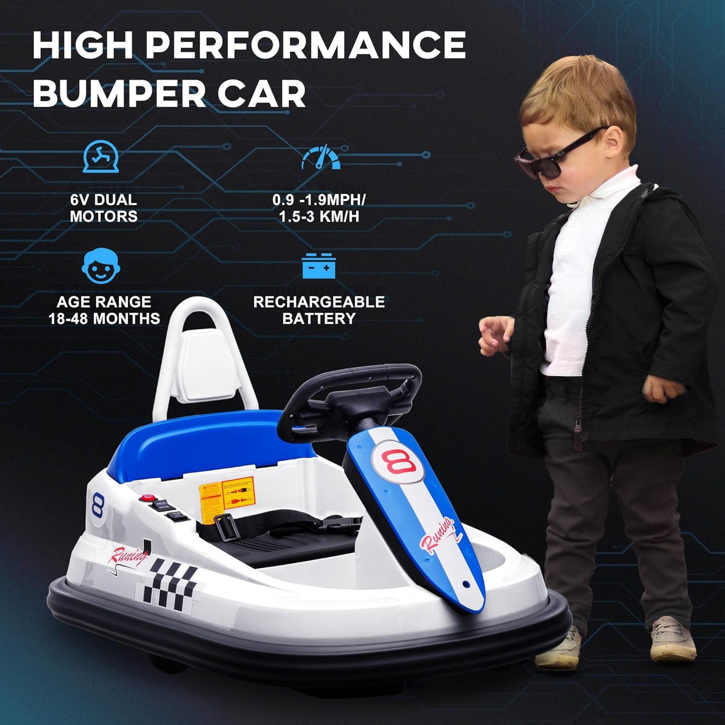 Aosom Toddler Bumper Car, 360° Rotation 6V Kids Electric Ride on Bumper Car with EVA Bumper Edges, Twins Motor, Songs, Horn, LED Lights, Safety Belt for 18-48 Months, White
