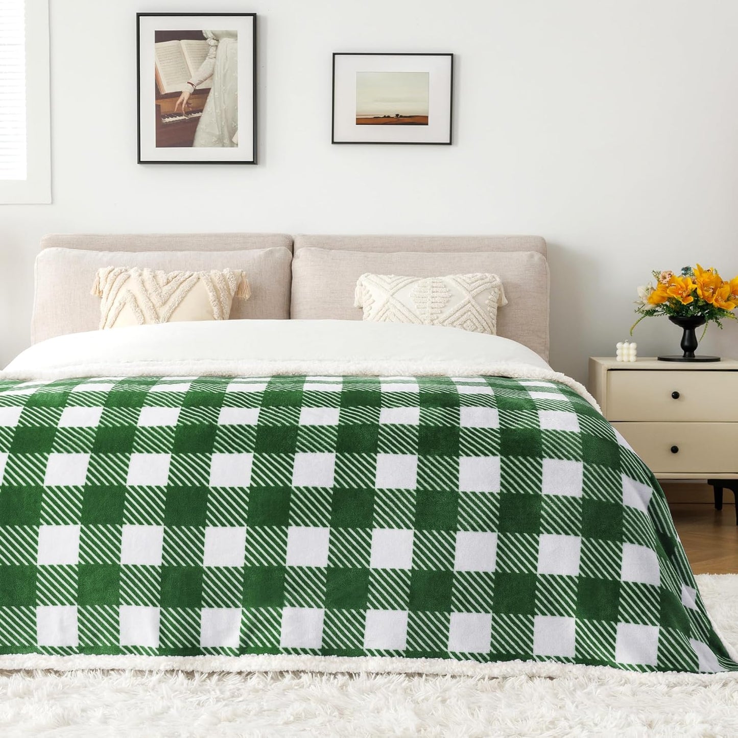 Touchat Sherpa Plaid Twin Blanket 60" X 70", Fuzzy Fluffy Soft Cozy Throw Blanket, Twin Size Plush Fleece Flannel Plush Microfiber Blanket for Couch Bed Sofa (GreenWhite)