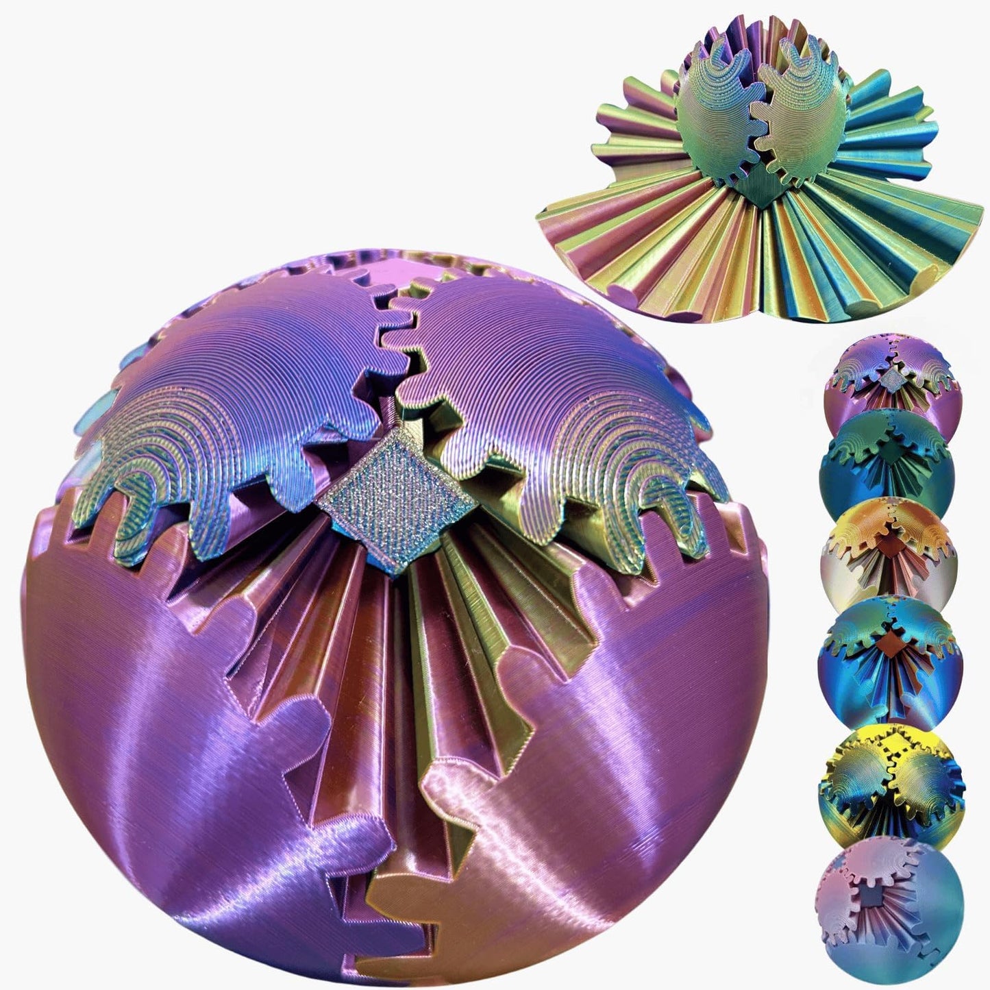 Gear Ball, 4.2in 3D Printed Gear Ball Spin Ball Cube Fidget Toys, Gear Sphere, Gear Ball Fidget Toy, Stress Ball, GearSphere Desk Toy, Fidget Balls, Gear Toy for Anxiety Relaxing (Laser Purple Blue)