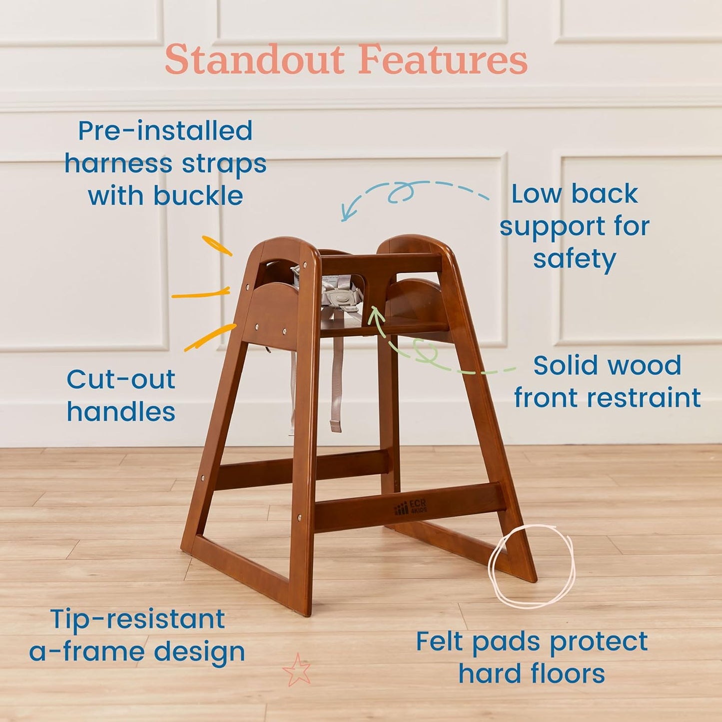 ECR4Kids ASATT Highchair, Toddler Chair, Dark Walnut