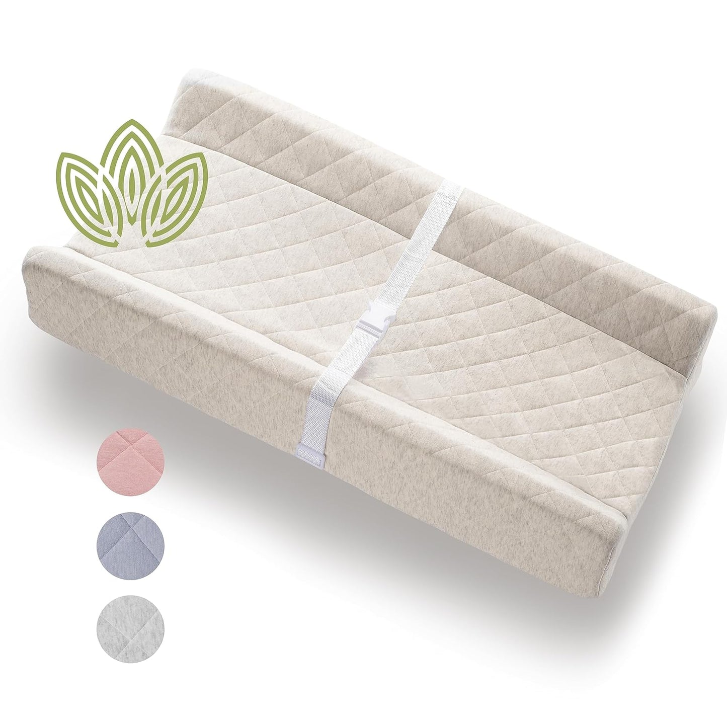 Organic Cotton Contoured Baby Changing Pad w/Waterproof Foam Mattress, Includes Soft, Removable & Washable Cover, Safety Strap, Non-Slip Bottom, Topper for Standard Size Infant Diaper Table & Dresser