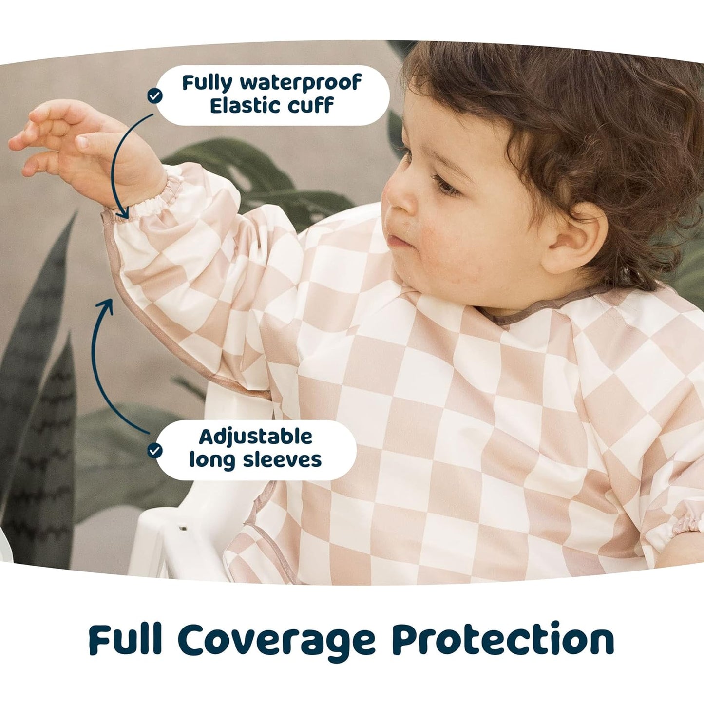 Tiny Twinkle Mess Proof Baby Bib,Waterproof Smock Baby Bib for Eating,Machine Washable Long Sleeve Bib,Baby Led Weaning,Toddler Bib,BLW Supplies(Checkers Brown, Small 6-24 Months)