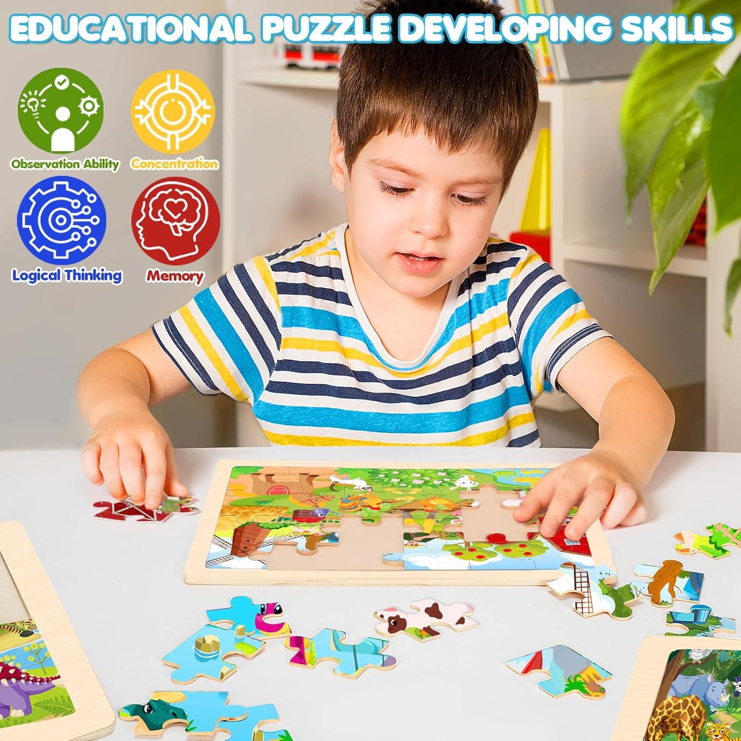 Wooden Animals Puzzles for Kids Age 3 4 5 Year Old, 4 Pack 24 Pcs Montessori Toddler Jigsaw Puzzles for Girl boy Activities Preschool Learning Educational Birthday Gift Travel Autistic Wooden Toys