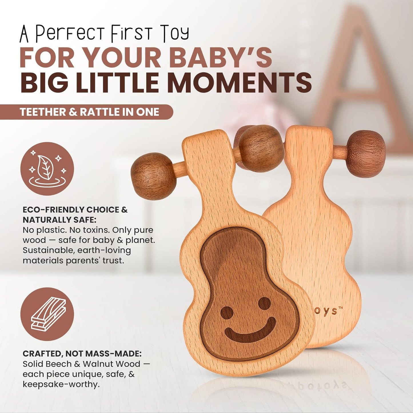 Wooden Teething Toys for Baby 0-6 Months – Organic Natural Non-Toxic Handmade Teether with Beads & Rattle for Soothing Relief – Montessori Sensory Toy for Babies, Infant Boy & Girl