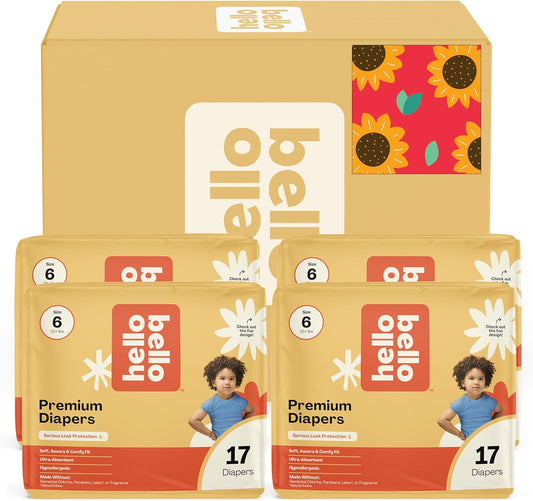 Hello Bello Diapers, Size 6 (35 lbs) Flower Child, 68 Count Value Pack of Premium Disposable Baby Diapers, Hypoallergenic with Soft, Cloth-Like Feel