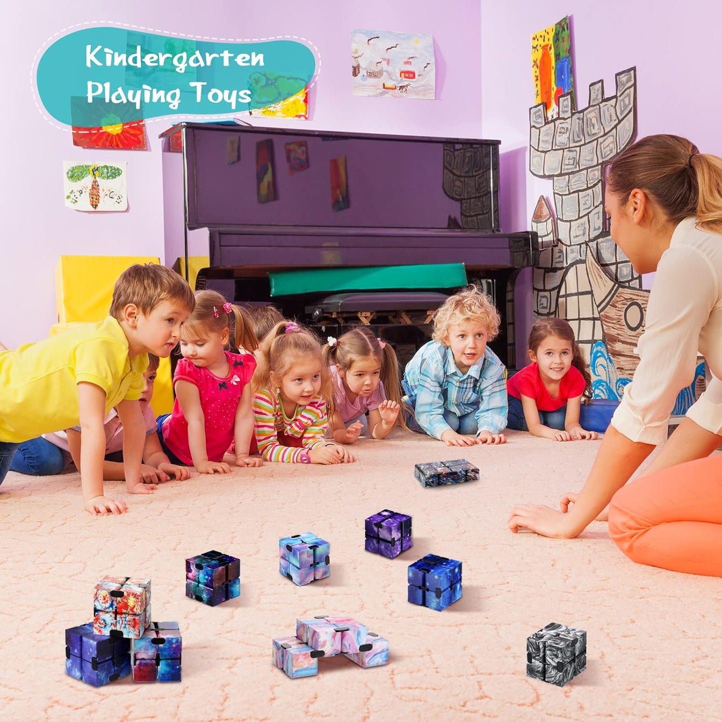 48 Pcs Cube Sensory Toy Handheld Infinite Cube Flipping Hand Cube Desk Gift Portable Blocks for Teen Adult Anxiety Stress Relief Valentine's Day(Starry Sky Style)
