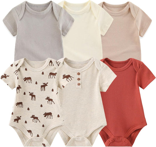 Baby Bodysuit 6 Pack Soft Mixed Ribbed Short Sleeve Romper Infant Boy Girl Clothes Set