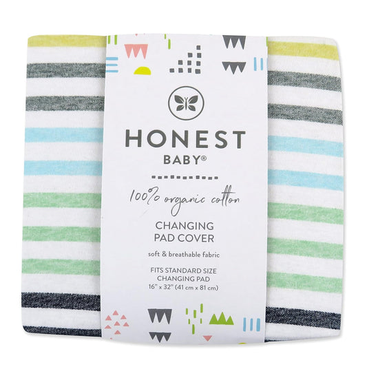HonestBaby Boys Organic Cotton Changing Pad Cover, Rainbow Stripe Blues, One Size